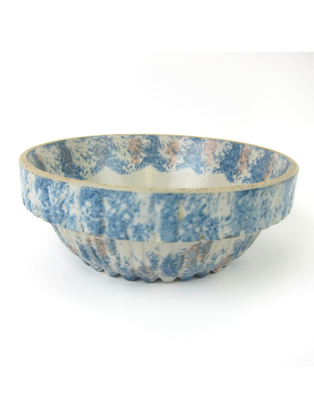 Antique Stoneware Bowl Blue White & Orange Spongeware Ridged Base with Star 7"